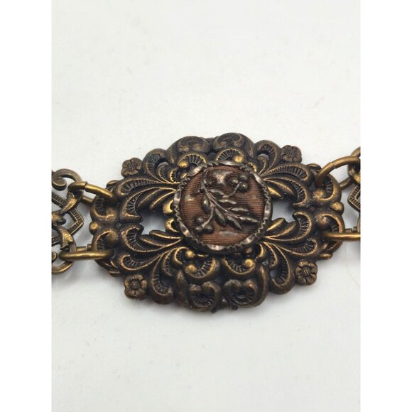 Vintage Brass Filigree Link Bracelet Floral Centerpiece Art Deco Revival - Picture 3 of 5